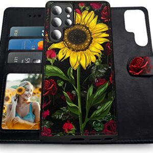 Shields Up for Galaxy S22 Ultra Case, [Detachable] Magnetic Wallet Case with Card Holder & Strap for Girls/Women, [Vegan Leather] Floral Cover for Samsung Galaxy S22 Ultra 5G -Rose Flower/Sunflower