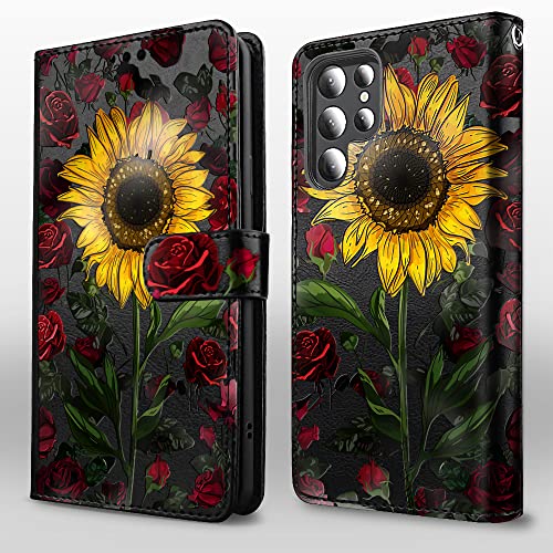 Shields Up for Galaxy S22 Ultra Case, [Detachable] Magnetic Wallet Case with Card Holder & Strap for Girls/Women, [Vegan Leather] Floral Cover for Samsung Galaxy S22 Ultra 5G -Rose Flower/Sunflower