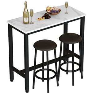 awqm bar table set of 2,39.3" faux marble table top,pu leather stools,3 piece pub height table set,breakfast nook dining table set with 2 round stools,ideal for living room,kitchen,bar,white