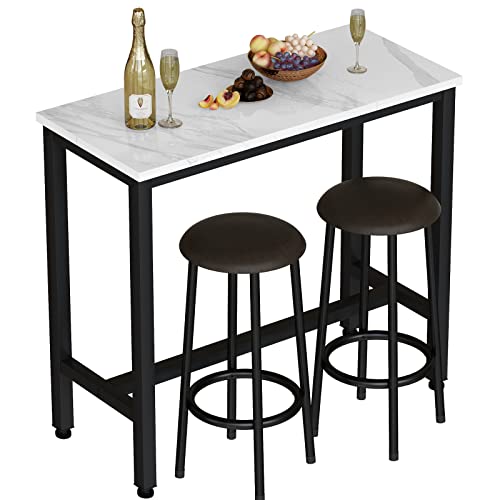 AWQM Bar Table Set of 2,39.3" Faux Marble Table Top,PU Leather Stools,3 Piece Pub Height Table Set,Breakfast Nook Dining Table Set with 2 Round Stools,Ideal for Living Room,Kitchen,Bar,White