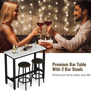 AWQM Bar Table Set of 2,39.3" Faux Marble Table Top,PU Leather Stools,3 Piece Pub Height Table Set,Breakfast Nook Dining Table Set with 2 Round Stools,Ideal for Living Room,Kitchen,Bar,White