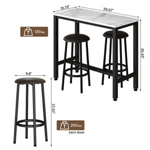 AWQM Bar Table Set of 2,39.3" Faux Marble Table Top,PU Leather Stools,3 Piece Pub Height Table Set,Breakfast Nook Dining Table Set with 2 Round Stools,Ideal for Living Room,Kitchen,Bar,White