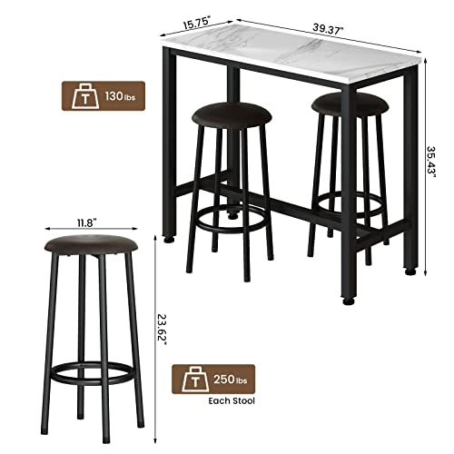 AWQM Bar Table Set of 2,39.3" Faux Marble Table Top,PU Leather Stools,3 Piece Pub Height Table Set,Breakfast Nook Dining Table Set with 2 Round Stools,Ideal for Living Room,Kitchen,Bar,White