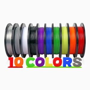 dikale petg 3d printer filament bundle 10 packs, 10 colors, 5kg total weight, no tangle, no clog, no bubble, enhanced adhesion, 500g per spool, 10 assorted colors 1.75mm filament multipack
