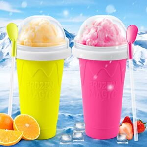 slushie maker cup(2 pack), magic quick frozen slushy cup, double layer squeeze cup, cool stuff birthday gifts for kids (pink&yellow)