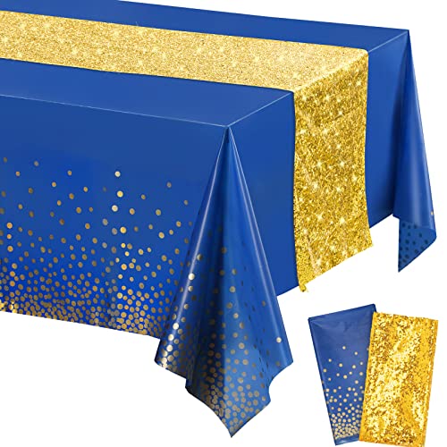 Tablecloth and Sequin Table Runner Set Polka Dots Confetti Table Cover Dining Plastic Table Cloths Glitter Decorations for Birthday Wedding Anniversary Party Supplies (Blue, Gold, 2 Pcs)