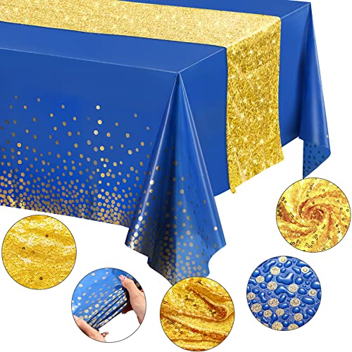 Tablecloth and Sequin Table Runner Set Polka Dots Confetti Table Cover Dining Plastic Table Cloths Glitter Decorations for Birthday Wedding Anniversary Party Supplies (Blue, Gold, 2 Pcs)