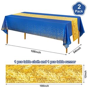 Tablecloth and Sequin Table Runner Set Polka Dots Confetti Table Cover Dining Plastic Table Cloths Glitter Decorations for Birthday Wedding Anniversary Party Supplies (Blue, Gold, 2 Pcs)