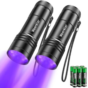 kizplays uv flashlights, 2 pack black light flashlights with 12 led and 395 nm black light for pet urine and house stains detecting, 6 aaa batteries included