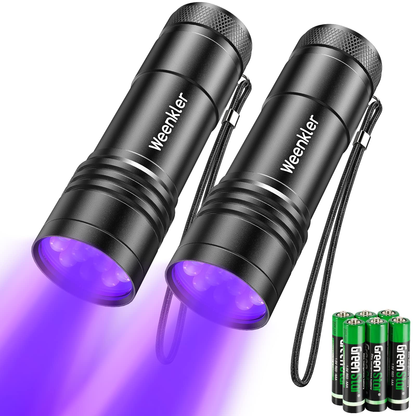 kizplays UV Flashlights, 2 Pack Black Light Flashlights with 12 LED and 395 nm Black Light for Pet Urine and House Stains Detecting, 6 AAA Batteries Included