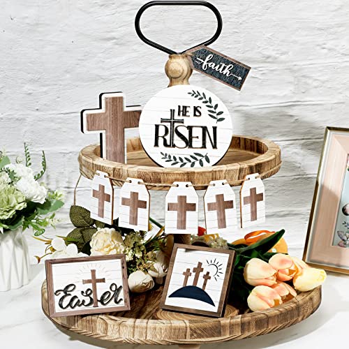 6 Pieces Easter Tiered Tray Decor Spring Religious Wooden Signs with Hanging Wreath Small Wood Tray Bunny He is Risen Tiered Center Piece Vintage Easter Decor for Home Decor (He is Risen Style)