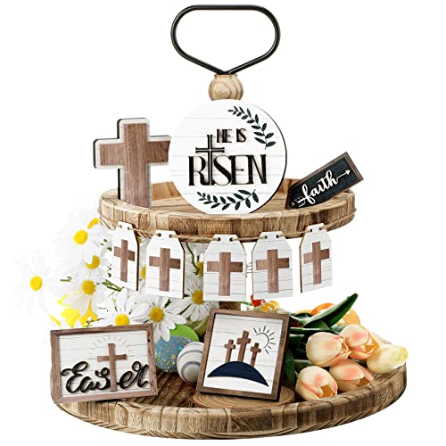 6 Pieces Easter Tiered Tray Decor Spring Religious Wooden Signs with Hanging Wreath Small Wood Tray Bunny He is Risen Tiered Center Piece Vintage Easter Decor for Home Decor (He is Risen Style)