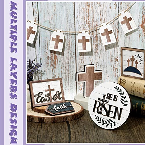 6 Pieces Easter Tiered Tray Decor Spring Religious Wooden Signs with Hanging Wreath Small Wood Tray Bunny He is Risen Tiered Center Piece Vintage Easter Decor for Home Decor (He is Risen Style)