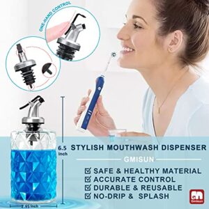 GMISUN Glass Mouthwash Dispenser, Luxury Diamond Mouthwash Decanter for Bathroom, 2 Pack Refillable Mouthwash Bottles Container with Cups, Reusable Stainless Steel Funnel, Food Grade & No-Splash,12oz