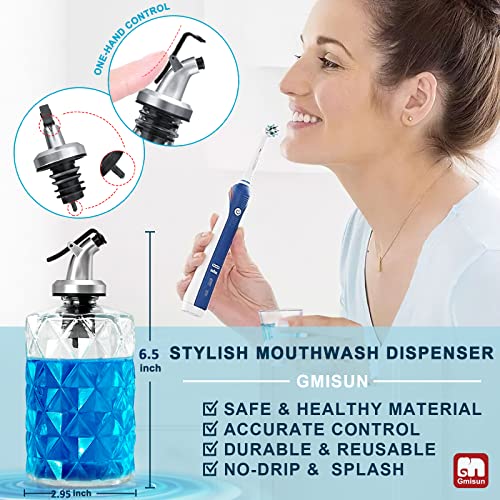 GMISUN Glass Mouthwash Dispenser, Luxury Diamond Mouthwash Decanter for Bathroom, 2 Pack Refillable Mouthwash Bottles Container with Cups, Reusable Stainless Steel Funnel, Food Grade & No-Splash,12oz