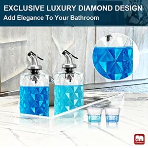 GMISUN Glass Mouthwash Dispenser, Luxury Diamond Mouthwash Decanter for Bathroom, 2 Pack Refillable Mouthwash Bottles Container with Cups, Reusable Stainless Steel Funnel, Food Grade & No-Splash,12oz