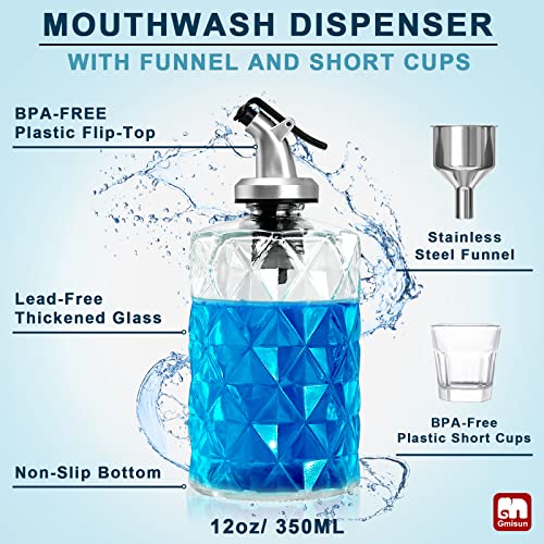 GMISUN Glass Mouthwash Dispenser, Luxury Diamond Mouthwash Decanter for Bathroom, 2 Pack Refillable Mouthwash Bottles Container with Cups, Reusable Stainless Steel Funnel, Food Grade & No-Splash,12oz