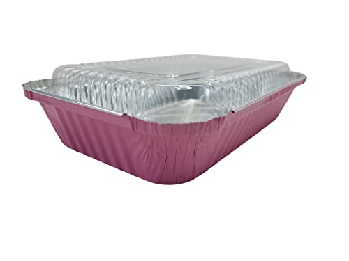 KitchenDance Colored Shallow Take Out Pans with Plastic lid - 1.5 Pounds Food Storage Aluminum Foil Baking Pan - Aluminum Pans Perfect for Cooking, Freezing, Preparing Food, 6417P (Pink, 125)