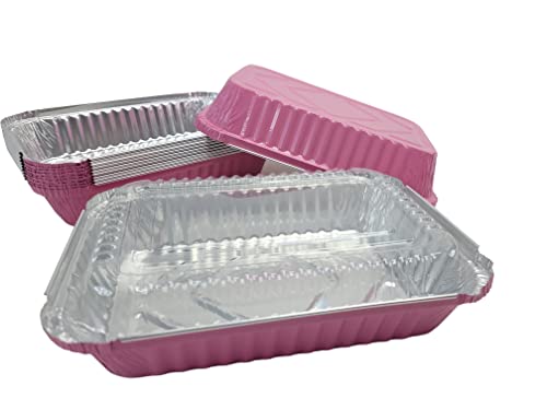 KitchenDance Colored Shallow Take Out Pans with Plastic lid - 1.5 Pounds Food Storage Aluminum Foil Baking Pan - Aluminum Pans Perfect for Cooking, Freezing, Preparing Food, 6417P (Pink, 125)