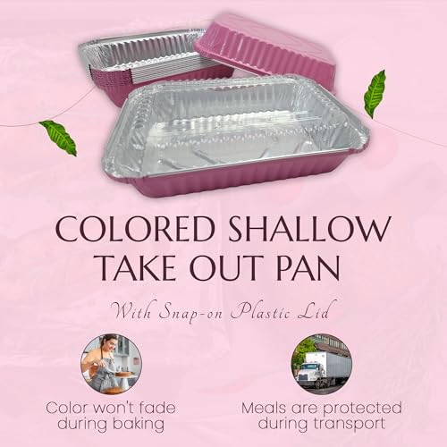 KitchenDance Colored Shallow Take Out Pans with Plastic lid - 1.5 Pounds Food Storage Aluminum Foil Baking Pan - Aluminum Pans Perfect for Cooking, Freezing, Preparing Food, 6417P (Pink, 125)