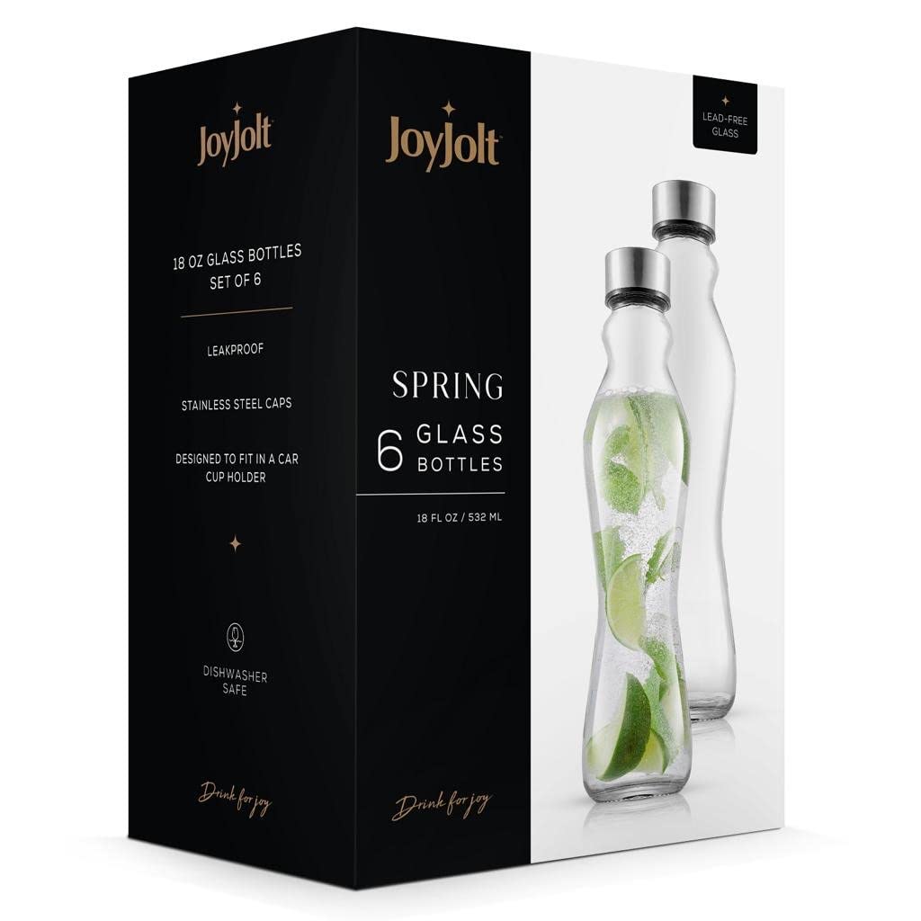 JoyJolt Spring Glass Water Bottles Set of 6-18 oz Glass Bottles with Stainless Steel Caps - Glass Drinking Bottles with Leakproof Lids - Reusable Glass Juice Bottle - Container Bottle Set