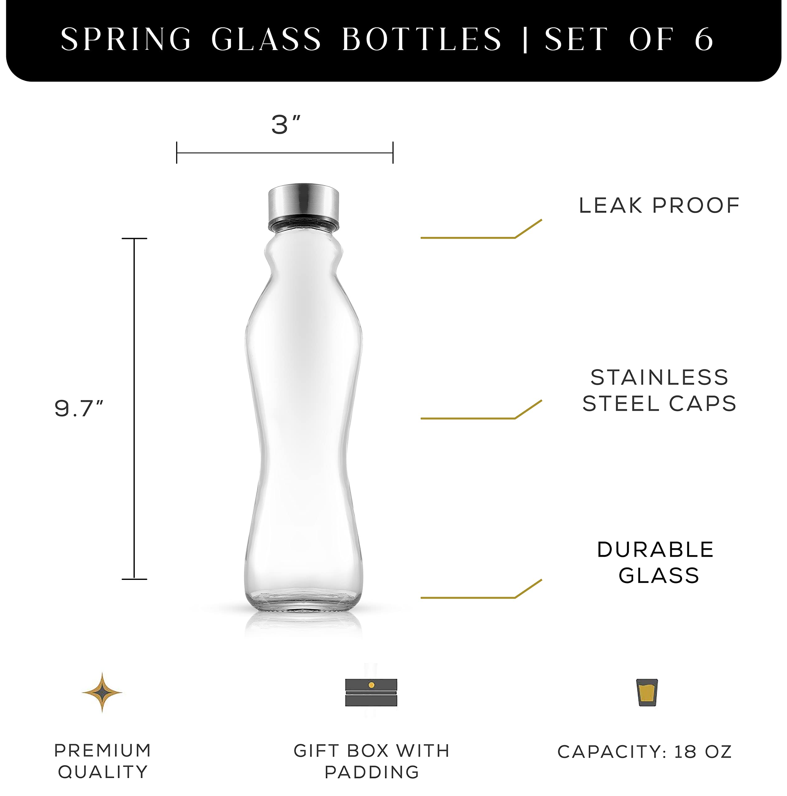 JoyJolt Spring Glass Water Bottles Set of 6-18 oz Glass Bottles with Stainless Steel Caps - Glass Drinking Bottles with Leakproof Lids - Reusable Glass Juice Bottle - Container Bottle Set