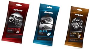 areon travel pack wipes i auto car interior dashboard cleaner wipes for dirt & dust, cleaning leather, wipes for windows - (3pack = 75 wipes)