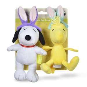 peanuts for pets easter 6" snoopy & woodstock bunny ears plush squeaker toy 2pc | peanuts dog toys, snoopy & woodstock with bunny ears| easter dog gifts | snoopy toys for dogs