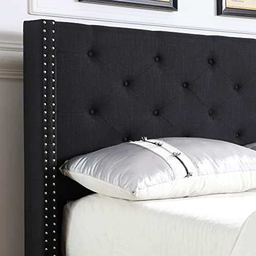 Full Upholstered Platform Bed Frame with 51" Tall Headboard - Button Tufted Cloth Bed - Wood Slat Support with Storage Space - No Box Spring Needed - Easy Assembly - Black - Oliver & Smith - Astor