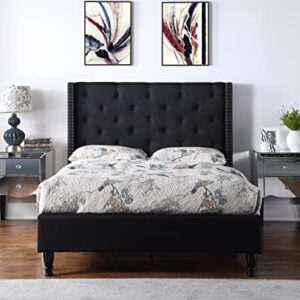 Full Upholstered Platform Bed Frame with 51" Tall Headboard - Button Tufted Cloth Bed - Wood Slat Support with Storage Space - No Box Spring Needed - Easy Assembly - Black - Oliver & Smith - Astor