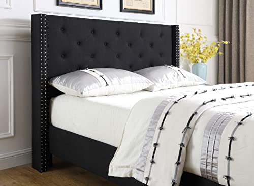 Full Upholstered Platform Bed Frame with 51" Tall Headboard - Button Tufted Cloth Bed - Wood Slat Support with Storage Space - No Box Spring Needed - Easy Assembly - Black - Oliver & Smith - Astor