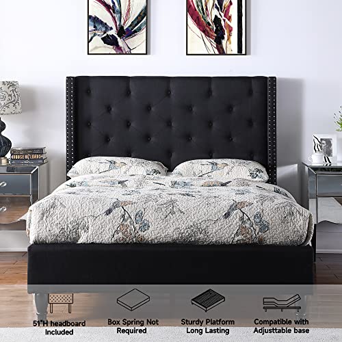 Full Upholstered Platform Bed Frame with 51" Tall Headboard - Button Tufted Cloth Bed - Wood Slat Support with Storage Space - No Box Spring Needed - Easy Assembly - Black - Oliver & Smith - Astor