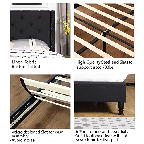 Full Upholstered Platform Bed Frame with 51" Tall Headboard - Button Tufted Cloth Bed - Wood Slat Support with Storage Space - No Box Spring Needed - Easy Assembly - Black - Oliver & Smith - Astor