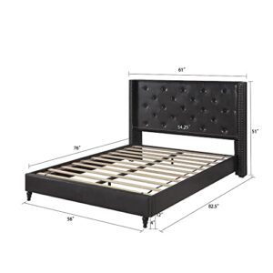 Full Upholstered Platform Bed Frame with 51" Tall Headboard - Button Tufted Cloth Bed - Wood Slat Support with Storage Space - No Box Spring Needed - Easy Assembly - Black - Oliver & Smith - Astor