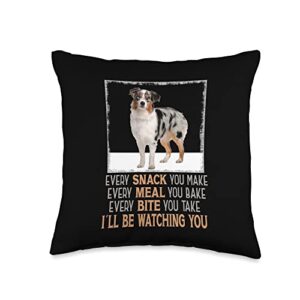 australian shepherd gifts for aussie lovers dog meme every snack you make i'll be watching you aussie throw pillow, 16x16, multicolor