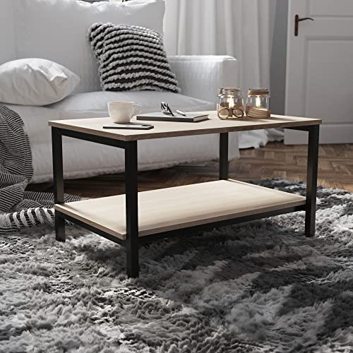 Flash Furniture Finley 2-Tier Rectangular Coffee Table - Modern Engineered Driftwood Finish Top - Black Steel Tube Frame - Lower Shelf