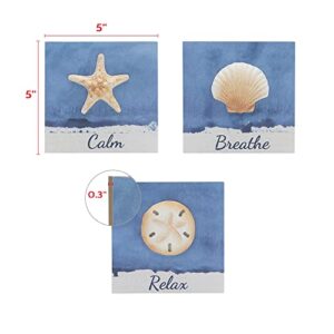 SELEAD Beach Decor Summer Wall Art - Set of 3 Calm Breathe Relax Words Sign, 5" Square Ocean Coastal Themed 3D Seashell Starfish for Bathroom Bedroom, Blue