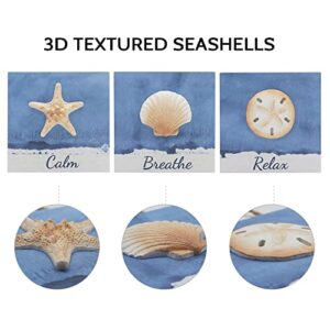 SELEAD Beach Decor Summer Wall Art - Set of 3 Calm Breathe Relax Words Sign, 5" Square Ocean Coastal Themed 3D Seashell Starfish for Bathroom Bedroom, Blue