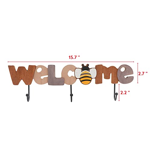 SELEAD Wooden Welcome Letter Sign with 3 Hooks - Wall Hanging Key Holder for Front Door, Entryway, Farmhouse, Rustic Home Decor Cute Cutout Bee