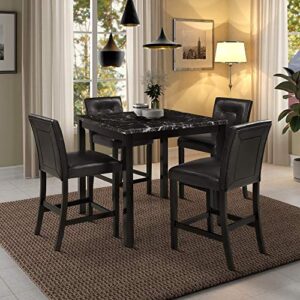 runna 5-piece faux marble top kitchen dining set for 4, counter height dining table set-dining table with faux marble top and 4 black high back leather upholstered chairs