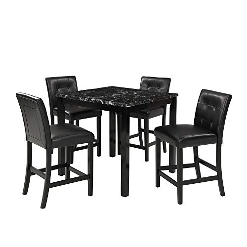 RUNNA 5-Piece Faux Marble Top Kitchen Dining Set for 4, Counter Height Dining Table Set-Dining Table with Faux Marble Top and 4 Black High Back Leather Upholstered Chairs