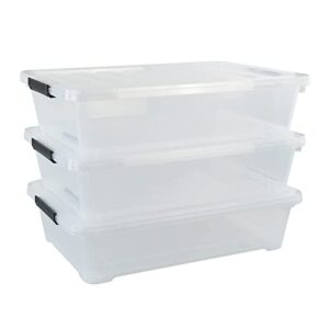 leendines plastic underbed storage box, 40 quart clear shallow box with wheels set of 3