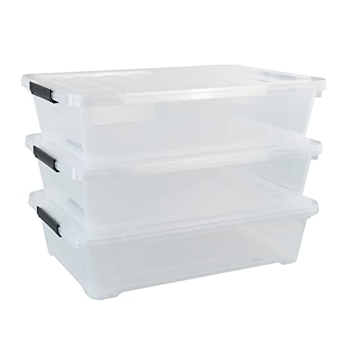 Leendines Plastic Underbed Storage Box, 40 Quart Clear Shallow Box with Wheels Set of 3