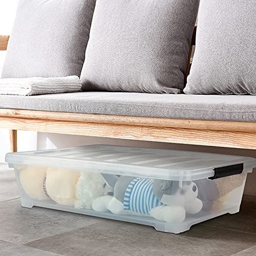 Leendines Plastic Underbed Storage Box, 40 Quart Clear Shallow Box with Wheels Set of 3