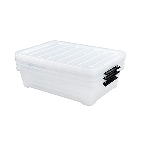 Leendines Plastic Underbed Storage Box, 40 Quart Clear Shallow Box with Wheels Set of 3