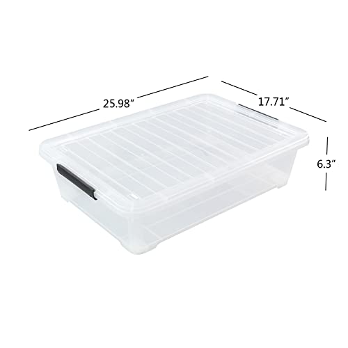 Leendines Plastic Underbed Storage Box, 40 Quart Clear Shallow Box with Wheels Set of 3