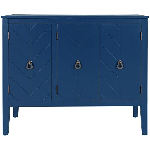 Knocbel Vintage Storage Cabinet with 3 Doors and Adjustable Shelf, Entry Hallway Foyer Console Table Buffet Sideboard Cupboard Coffee Bar, 99lbs Weight Capacity (Navy Blue)