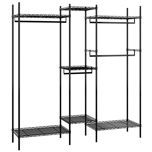finetones Wire Garment Rack, Multi-Purpose Wire Clothes Rack with 5-Tire Storage Shelf, Heavy Duty Freestanding & Adjustable Wardrobe Closet With Large Metal Shelves For Hanging Clothes, Shoes