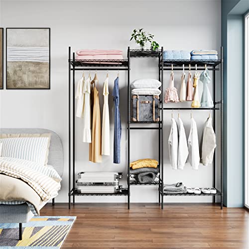 finetones Wire Garment Rack, Multi-Purpose Wire Clothes Rack with 5-Tire Storage Shelf, Heavy Duty Freestanding & Adjustable Wardrobe Closet With Large Metal Shelves For Hanging Clothes, Shoes