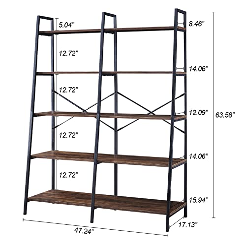 HOMBAZAAR Bookshelf, 5-Tier Industrial Bookshelf, Wide Double Ladder Bookcase Wood and Metal Bookshelves for Home Office Living Room,Brown